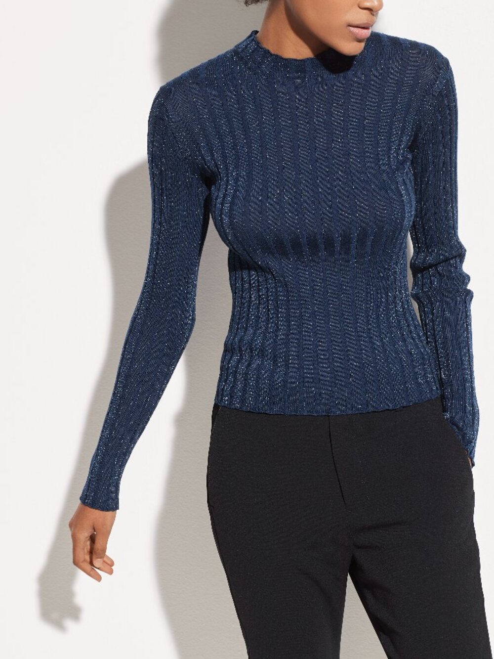 NWT Vince Ribbed Wool Metallic Blend Mock Neck Sweater Hydra Navy XL $265